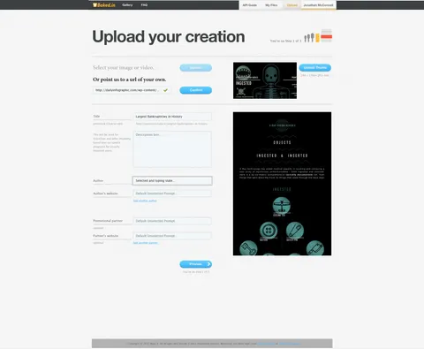 Upload wizard — three-step flow for adding infographic metadata and author attribution