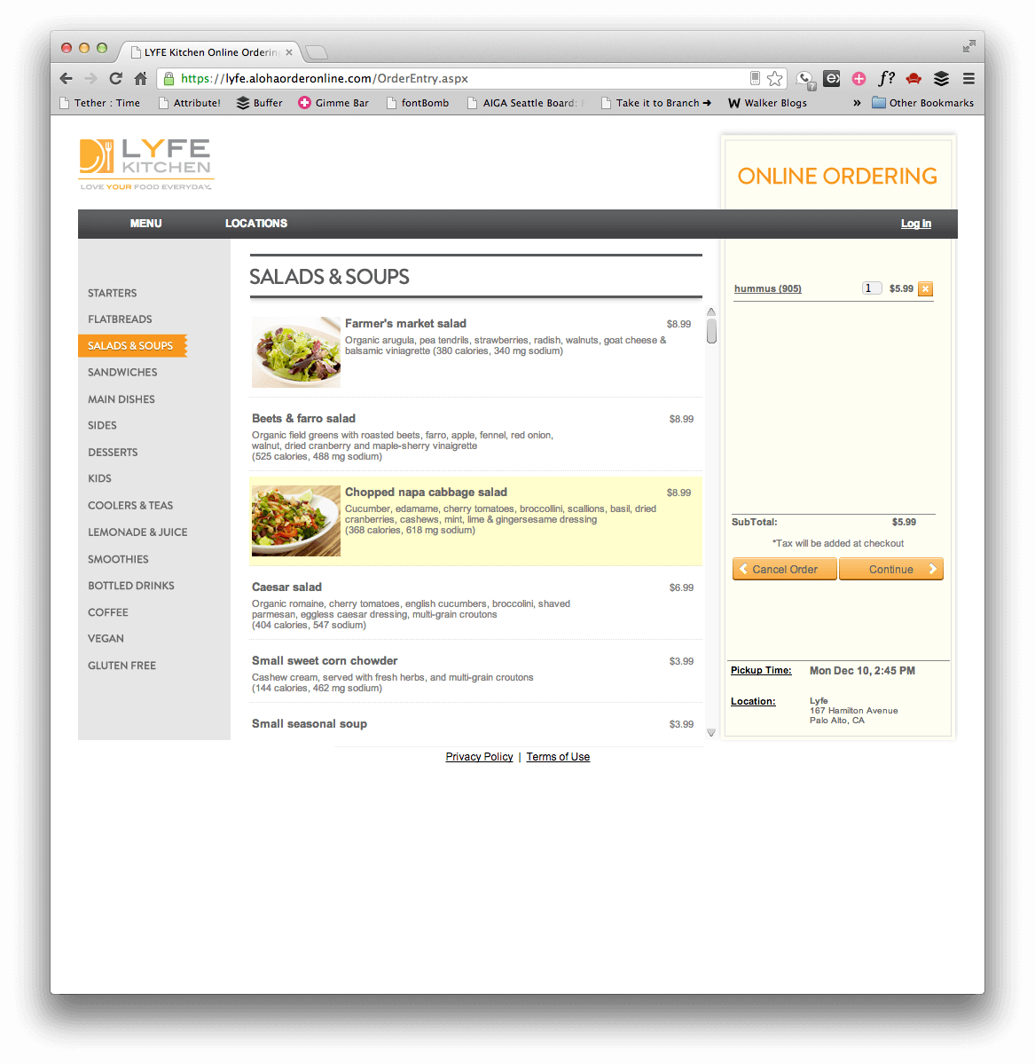 Online ordering system — LYFE Kitchen menu with calorie counts, categories, and cart UI