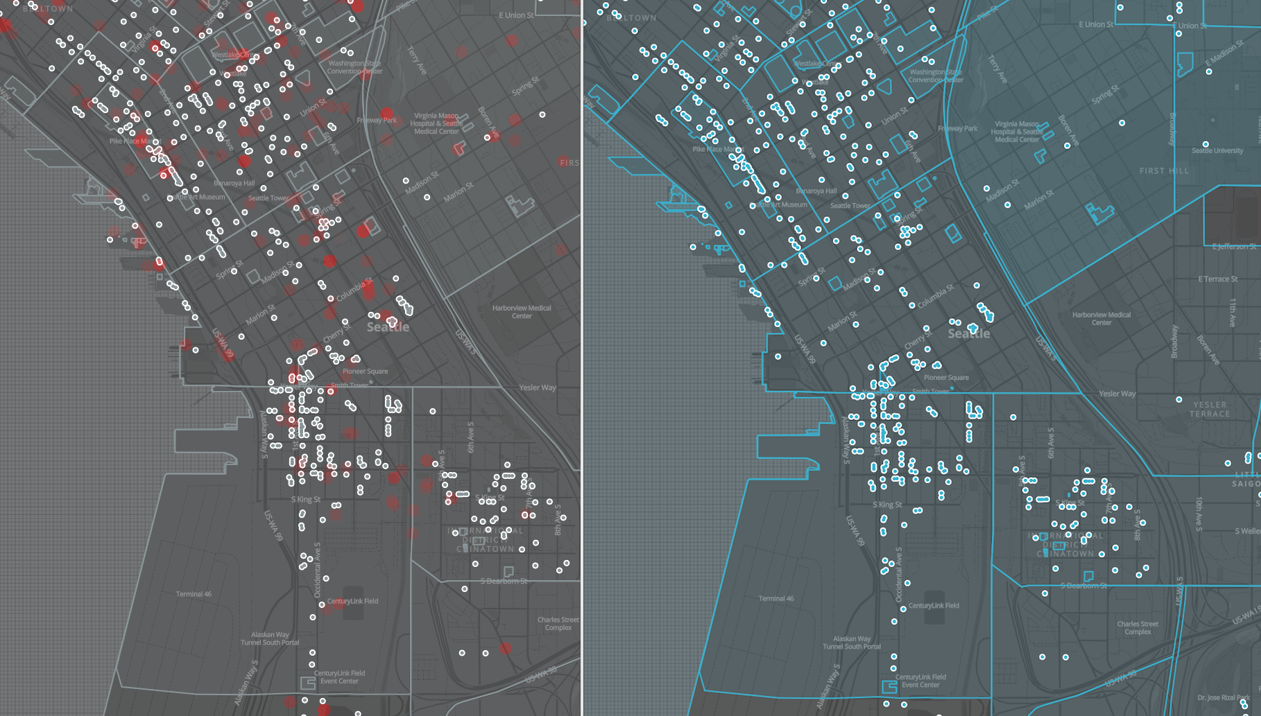 Initial prototype with geolocated Twitter posts & OSM points of interest along with neighborhood distinctions / built by Mike Shrieve
