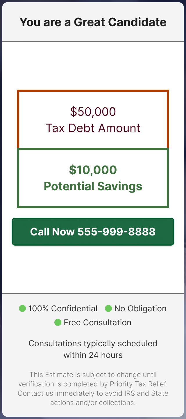 Calculator amount question, input for tax debt amount with navigation visible.