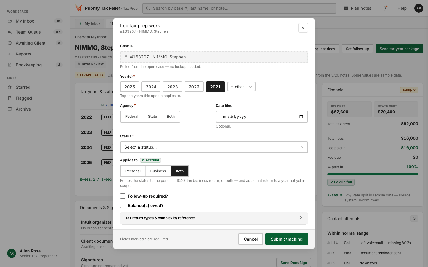 Product CRM, Log dialog full page view for detailed case activity tracking.