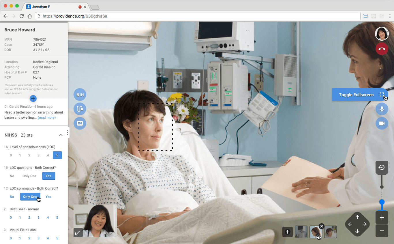 Provider view of the video service from a cart situated in a patient's room. Clockwise from the top left: Patient information card with NIH Stroke Scale tool, provider account, audio/video controls, remote camera controls, saved XYZ view positions, self view, on-cart tool controls.
