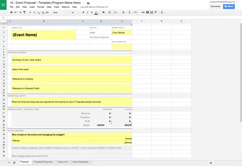 Google Sheets event proposal template with strategic overview and financial impact fields
