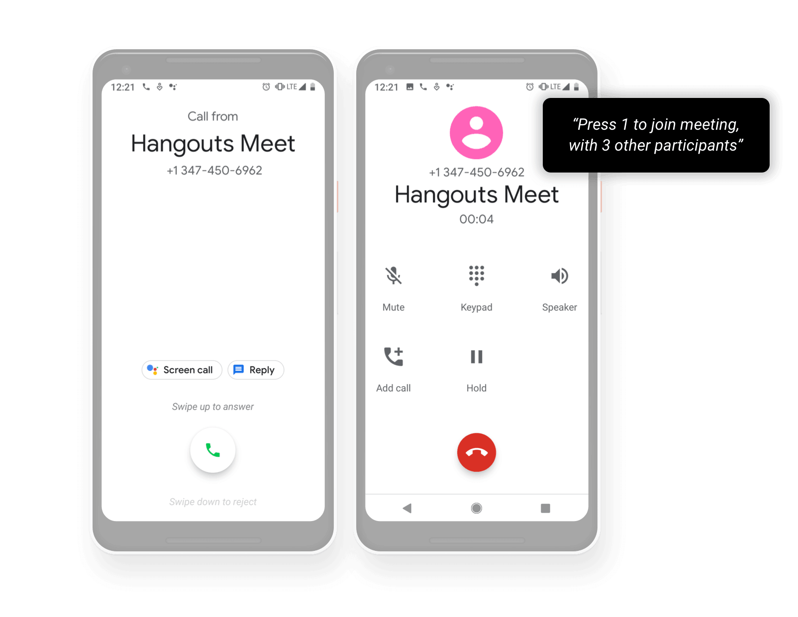 The receive side on Android — an incoming call from Hangouts Meet with a contextual prompt: "Press 1 to join the meeting with 3 other participants." The phone experience needed to be intelligible without any visual meeting context.