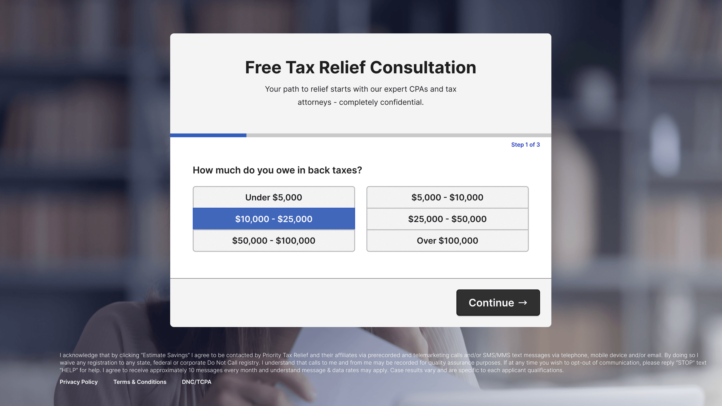 Calculator landing page with modal variant, A/B test version showing modal approach reducing friction in the qualification flow.