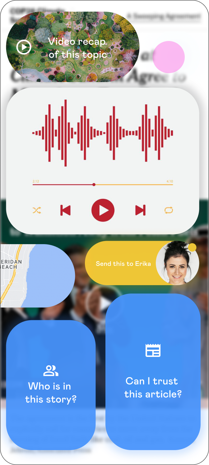 Article screen expanded, audio summary playing, Send to Erika contact pill, Can I trust this article?