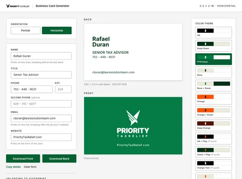 PTR Business Card Maker — PTR Green theme, Rafael Duran, Senior Tax Advisor