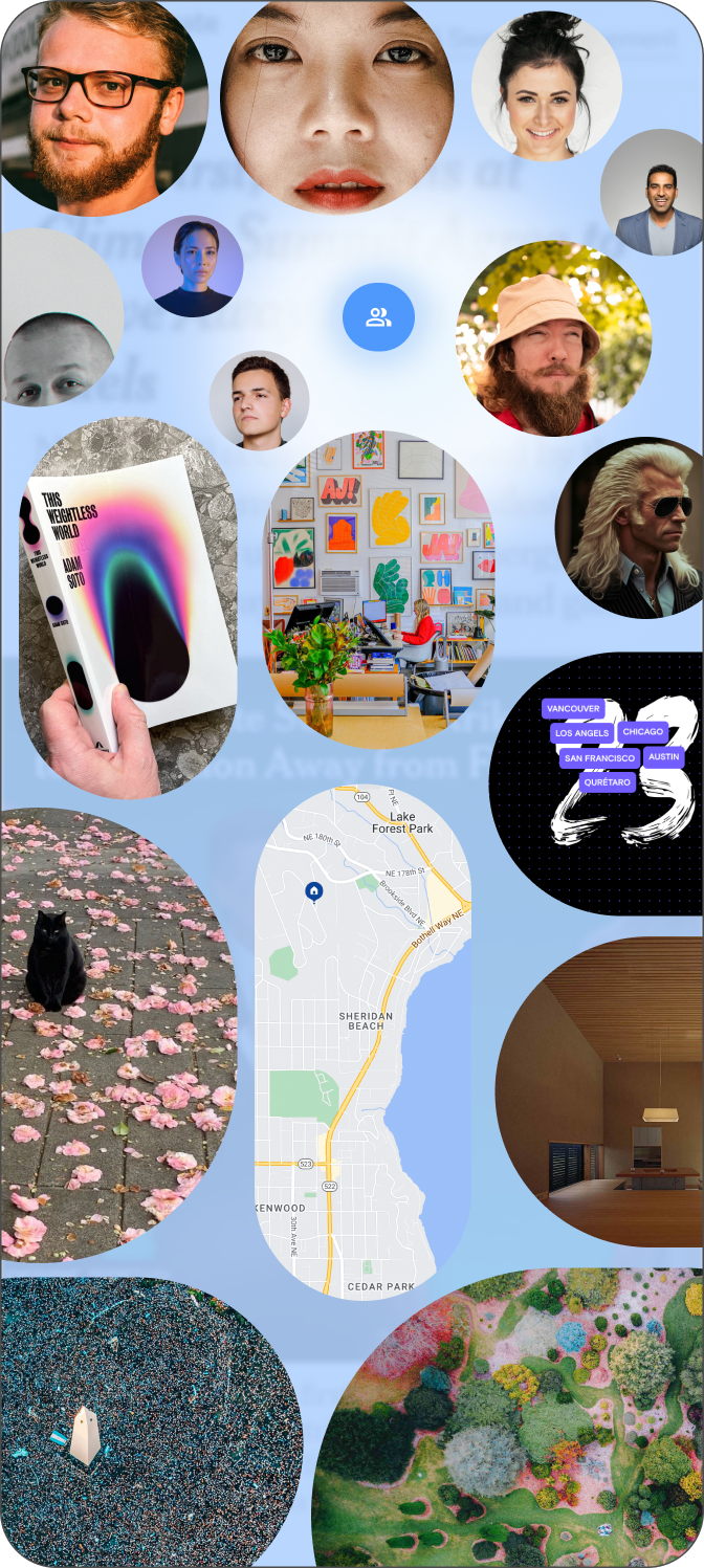 Supercut persona screen, Gemini contextual collage from phone data: people, places, books, cities