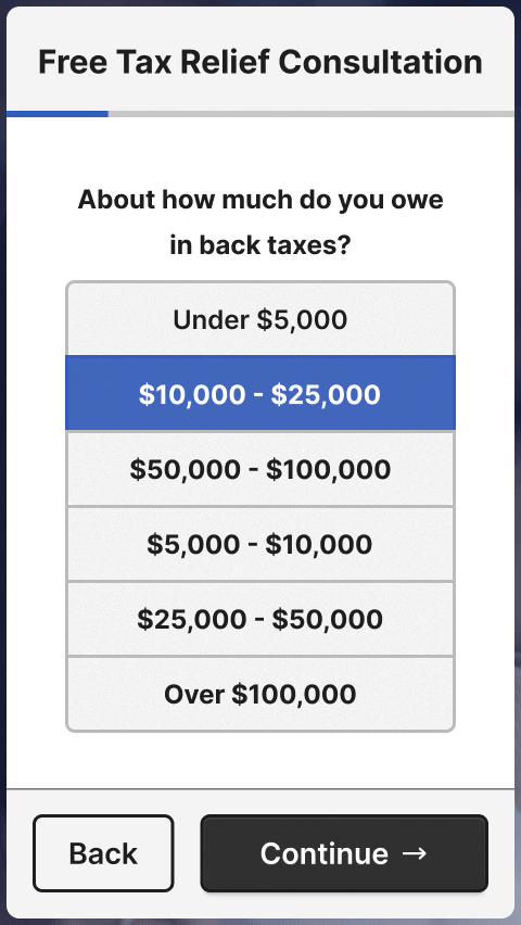 Calculator amount question, input for tax debt amount with navigation visible.