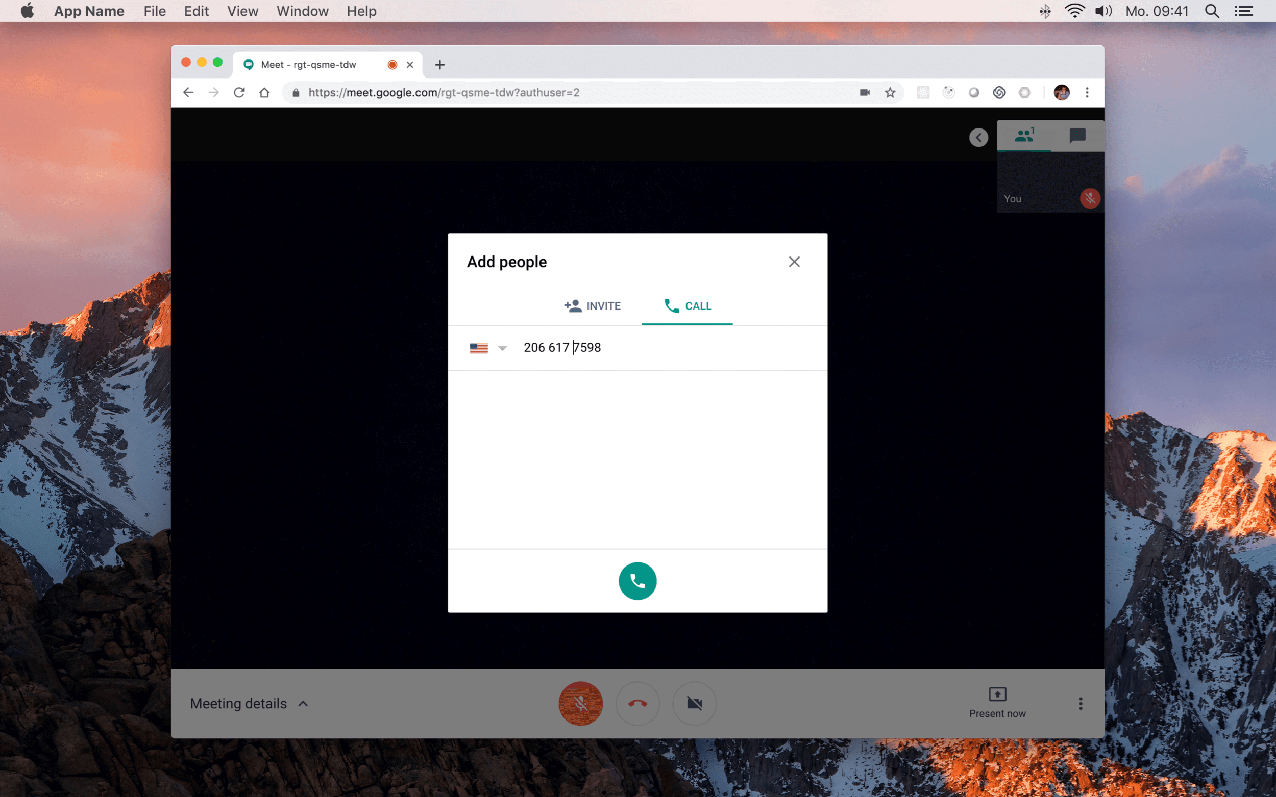 The dial-out initiation — "Add people" → CALL tab, phone number entry. The design makes phone dial-out a first-class action alongside email invite.