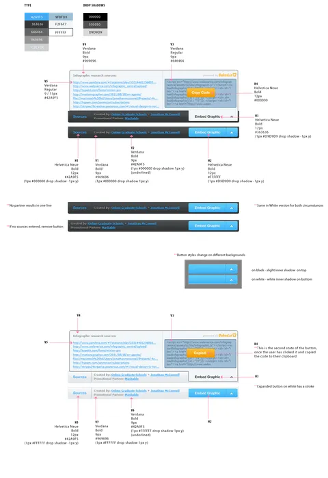 Design spec — type scale, color palette, and embed widget states