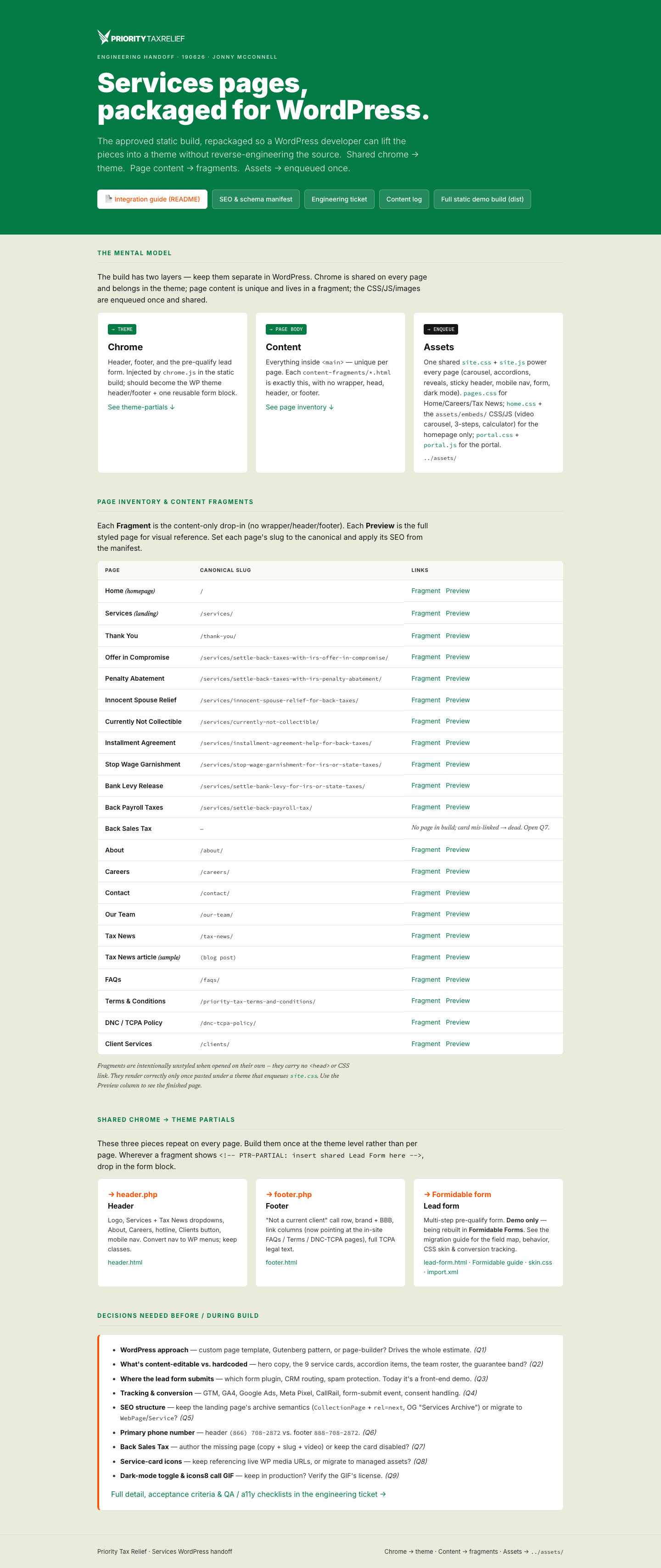 Engineering handoff package, the complete static build hosted on GitHub Pages with annotated pages, decision log, component inventory, and full asset structure.