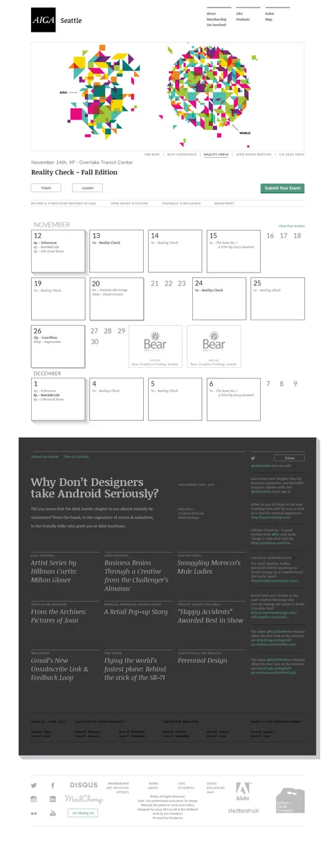 AIGA Seattle website homepage with geometric brand graphics and event calendar