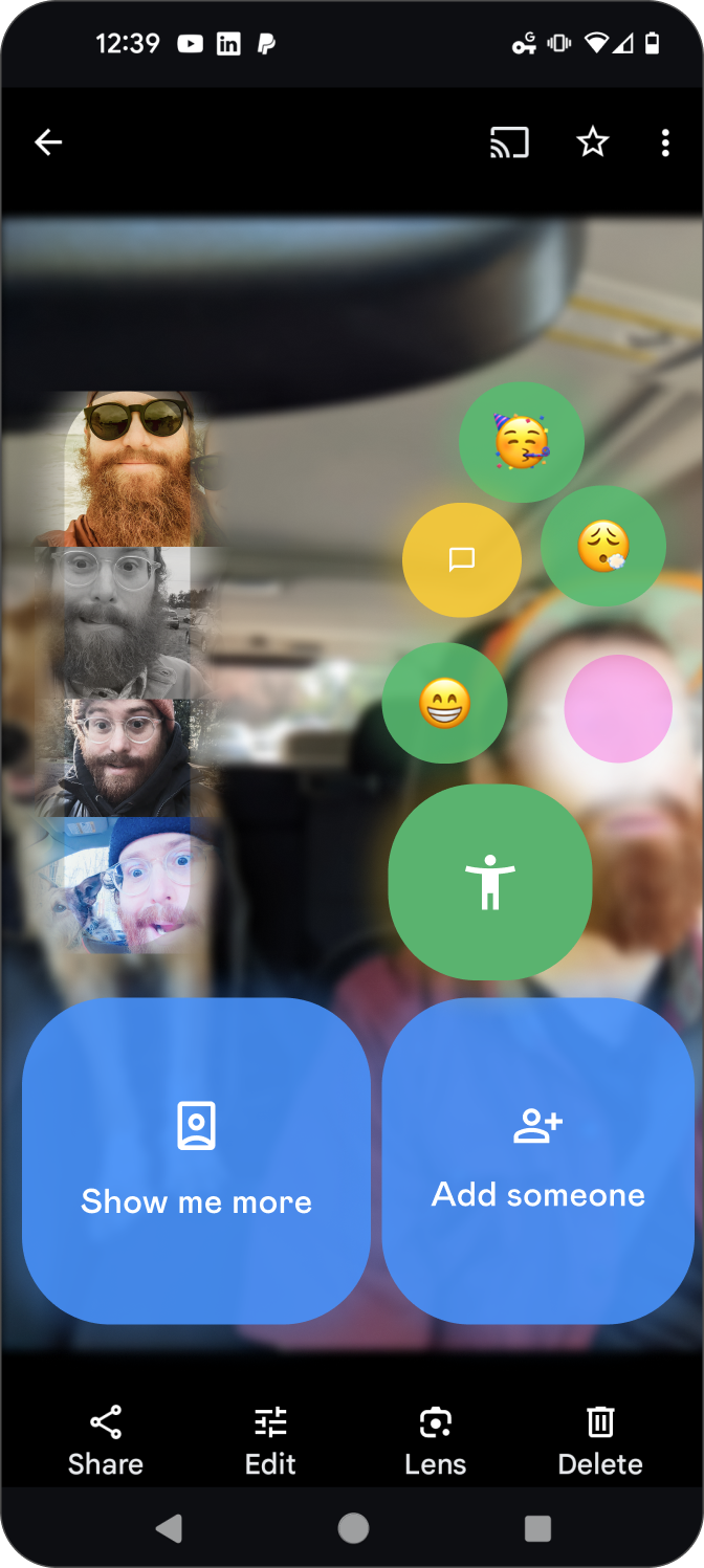 Show me more, camera roll thumbnail strip, emoji bubbles, Show me more / Add someone buttons
