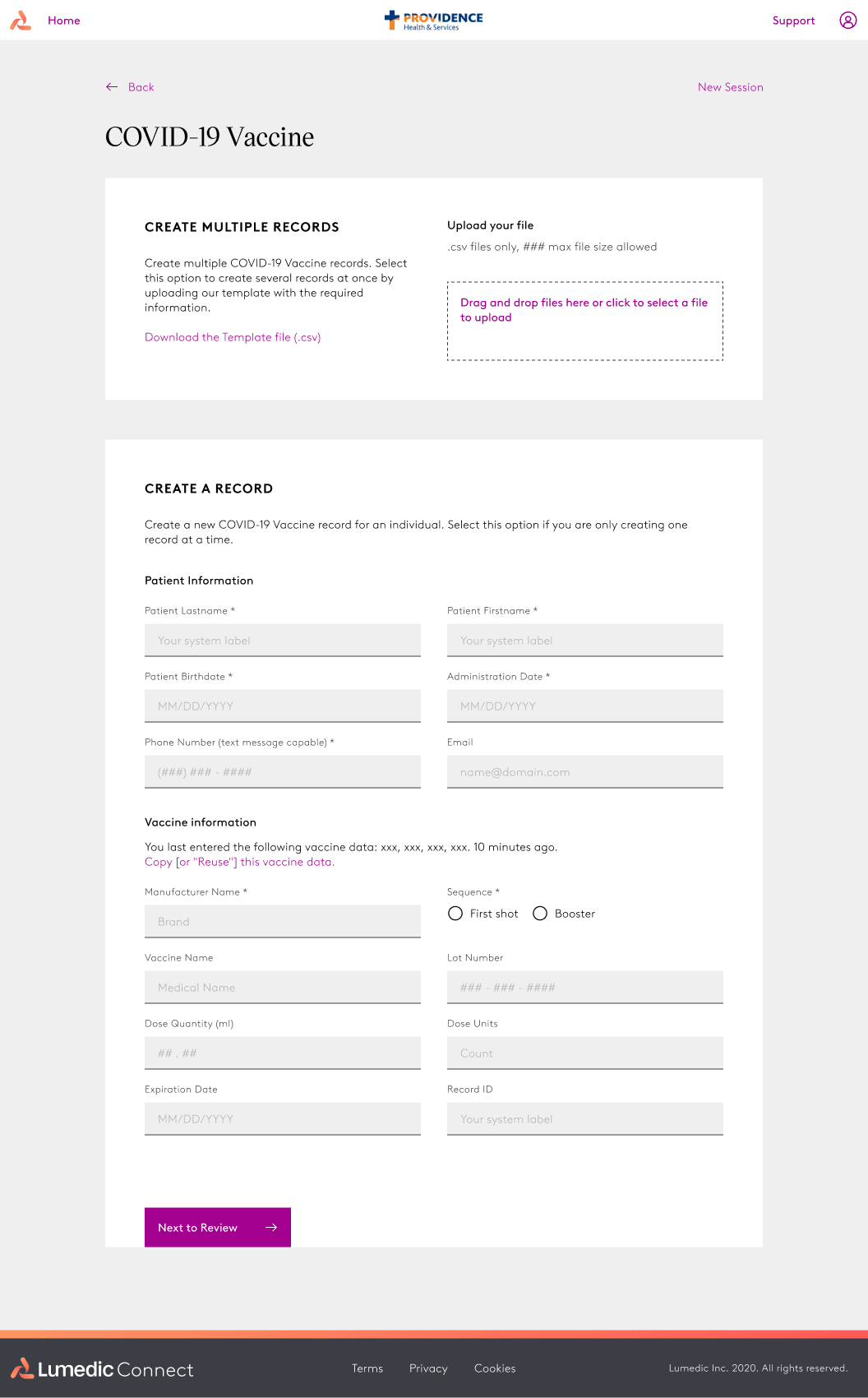 Lumedic Connect Issuer Dashboard — COVID-19 vaccine record creation form for individual and bulk CSV upload with validation.