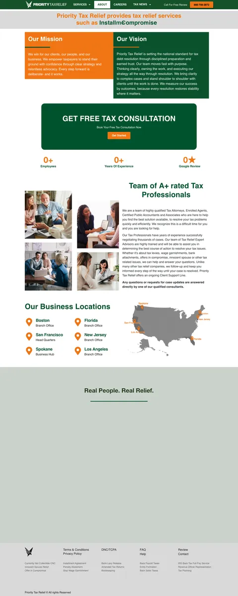Priority Tax Relief marketing about page before redesign