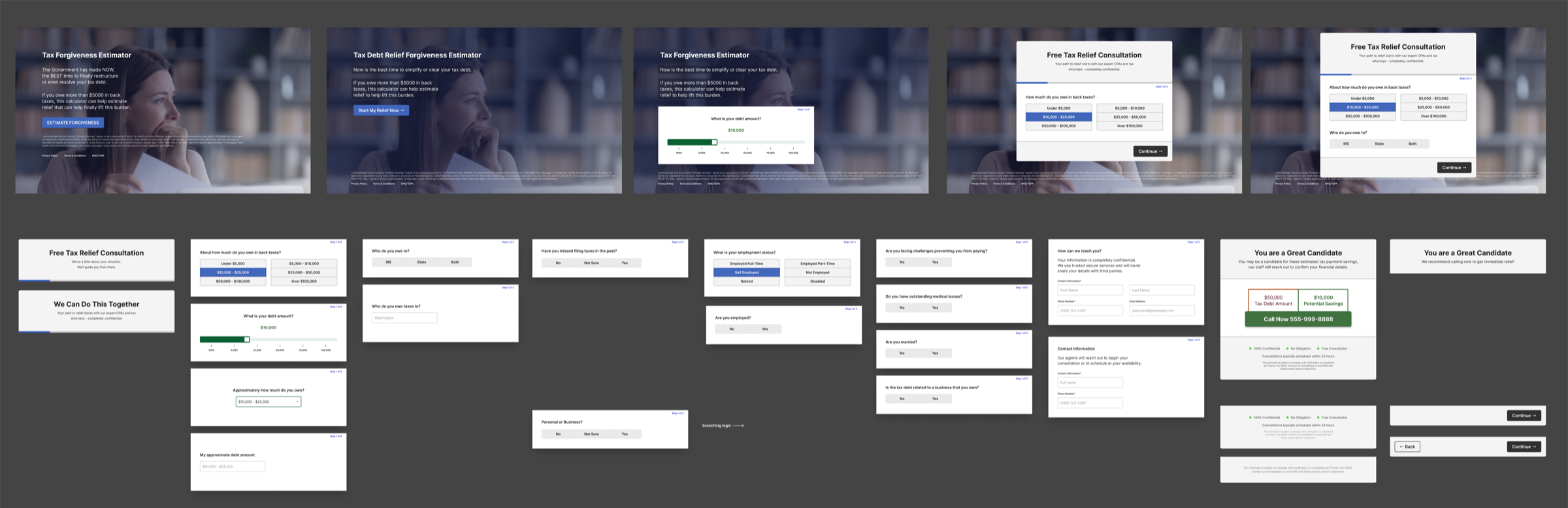 Calculator landing page with modal variant, A/B test version showing modal approach reducing friction in the qualification flow.