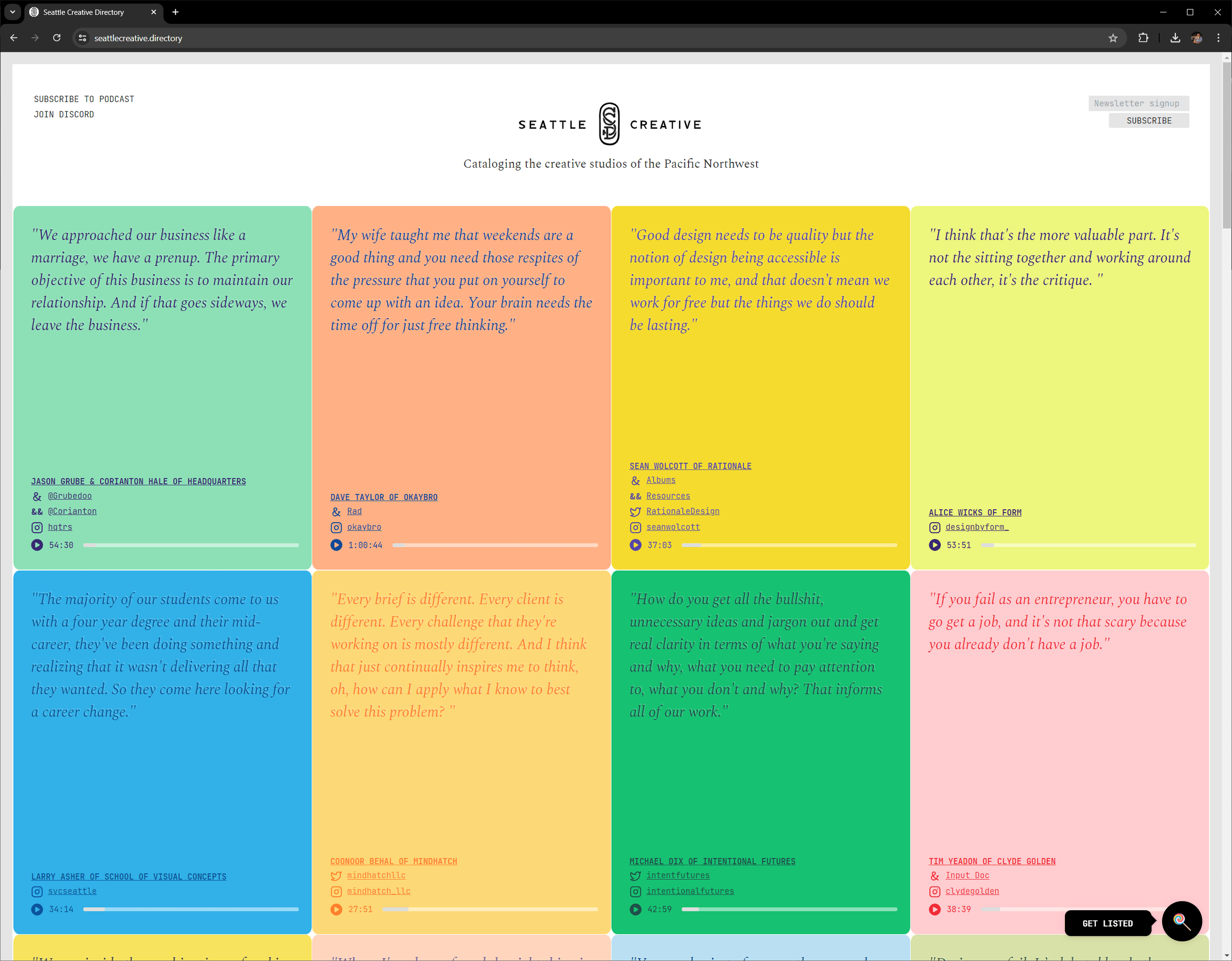 The live product: 268 listings, interview quote cards from the podcast series, light and dark modes. Six years of continuous iteration, still growing.