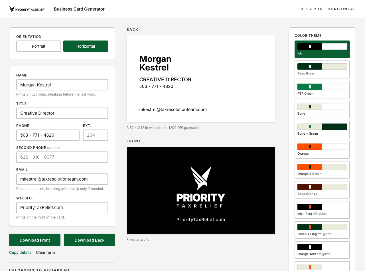 PTR Business Card Maker — Ink theme (black front, white back)