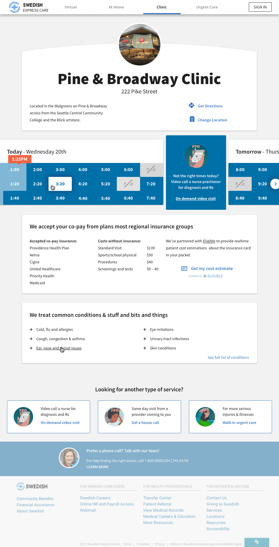 A clinic location page with appointment time selection, symptom triage, insurance coverage and costs.