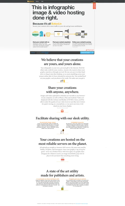 Baked.in marketing homepage — host, embed, and track infographic content