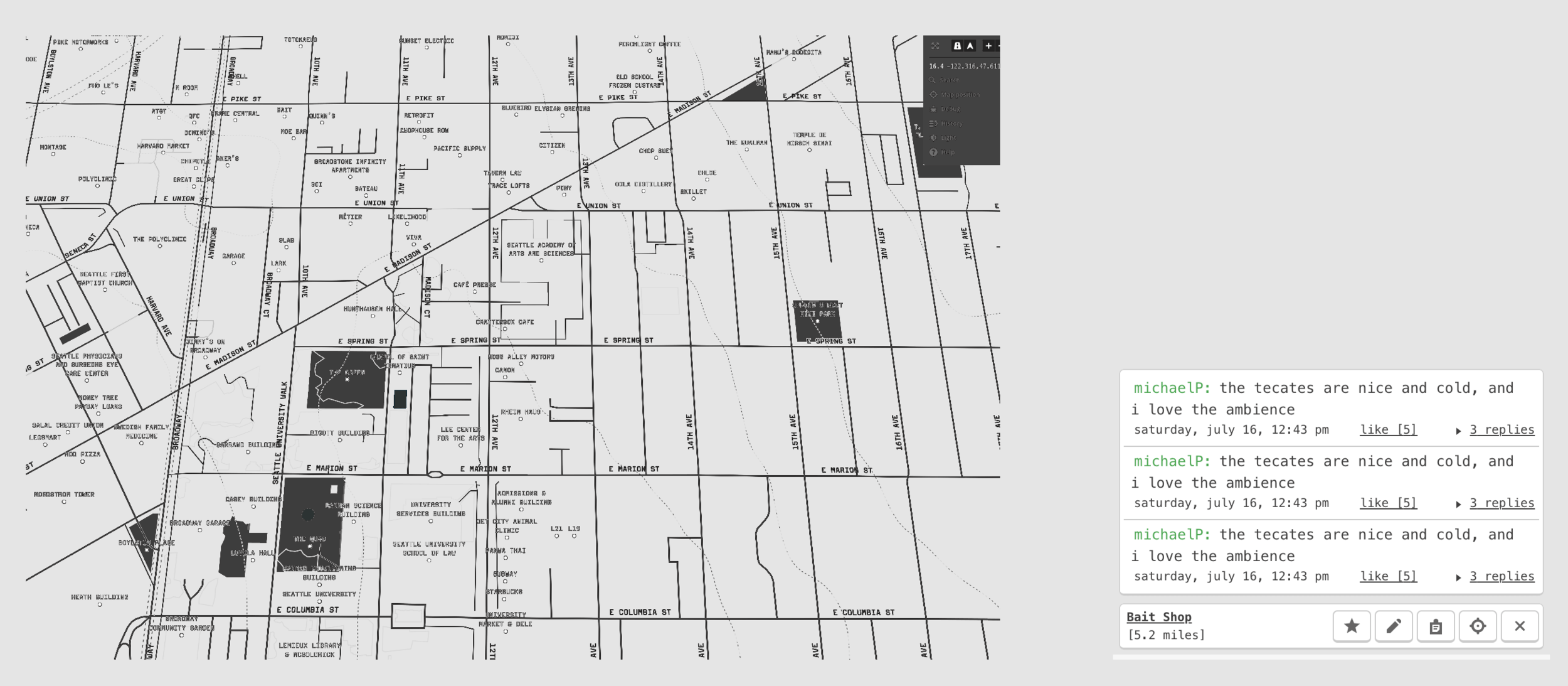 (left) Mapbox visual study in map projection / built by Jonny McConnell (right) messaging prototype for users at a locale / built by Mike Shrieve