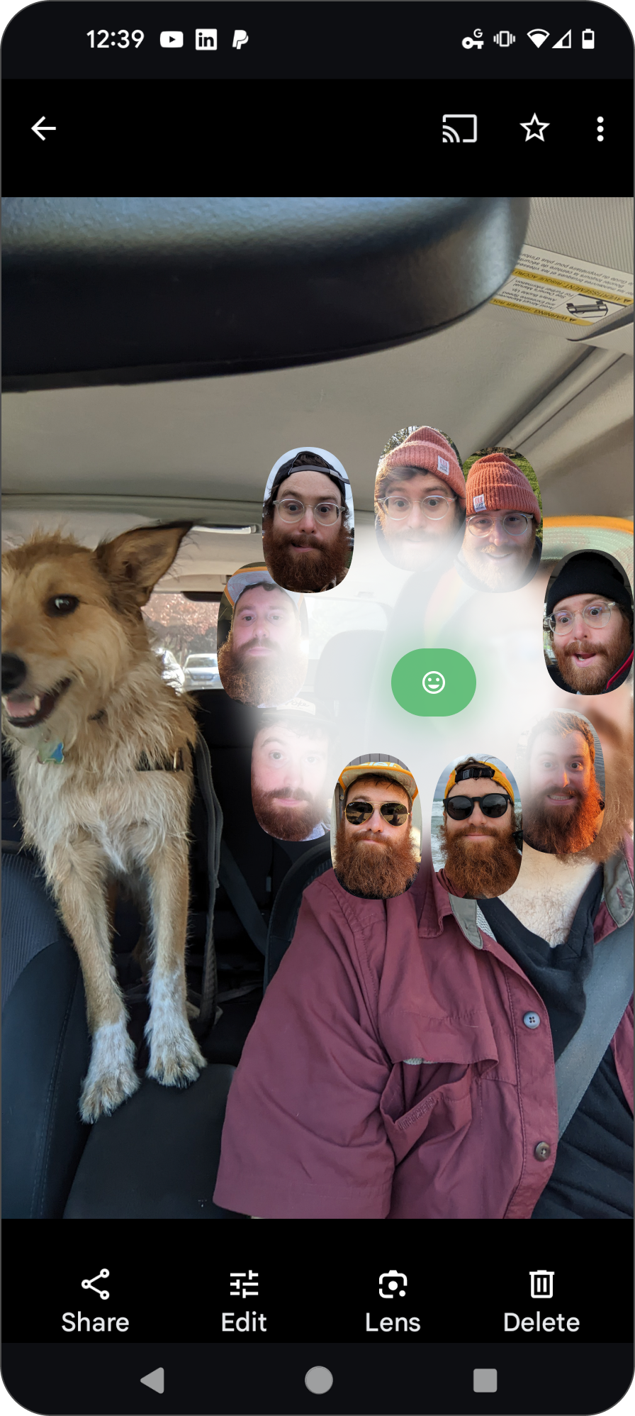 Show me more, face thumbnails from camera roll arranged as a ring around the green center dot