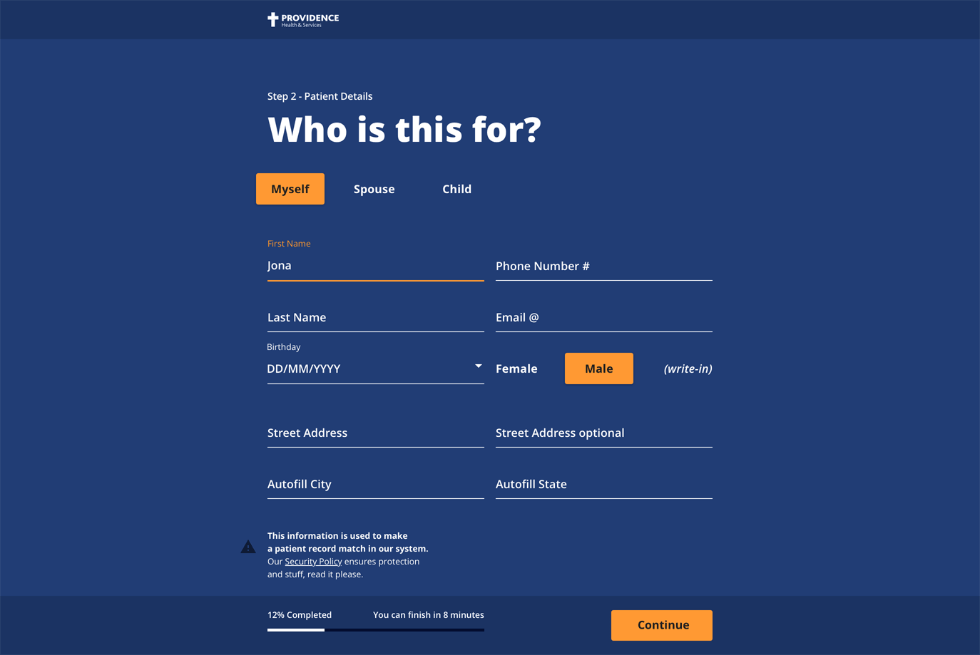 Patient registration — dark theme, multi tenant. The form handled family registration while maintaining Epic record-matching accuracy.