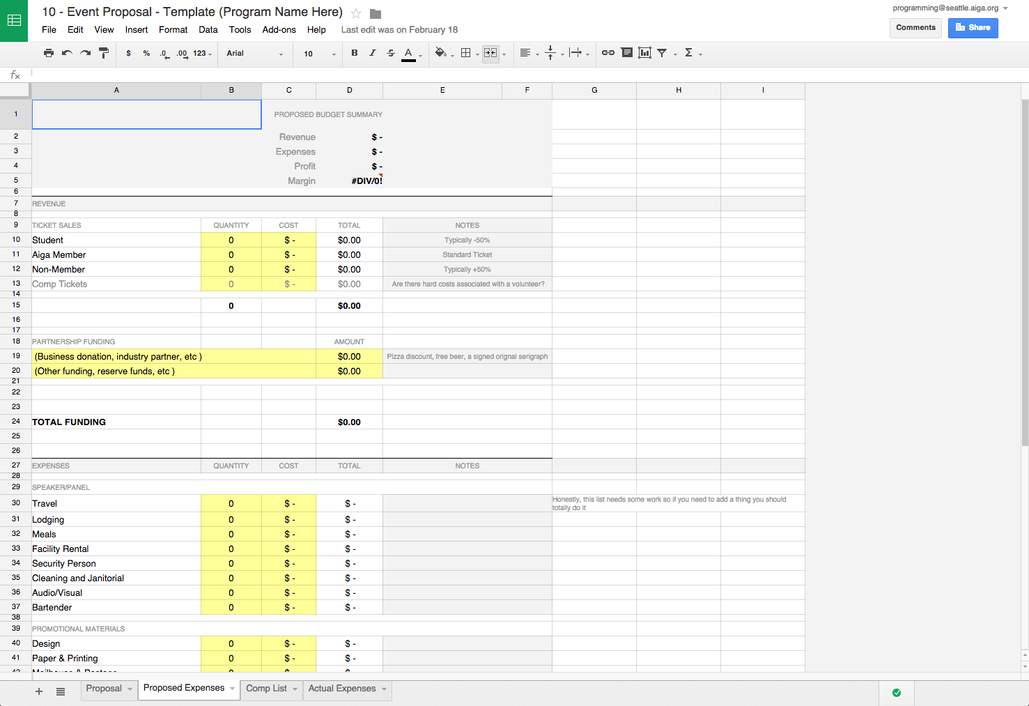 Google Sheets budget template with ticket tier breakdown and expense categories