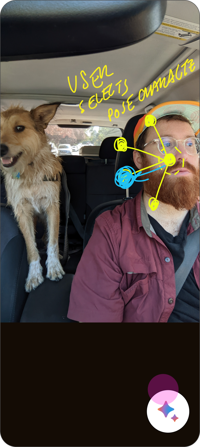 Working sketch, USER SELECTS POSE OWNACTZ, yellow and blue rig markers on face close-up