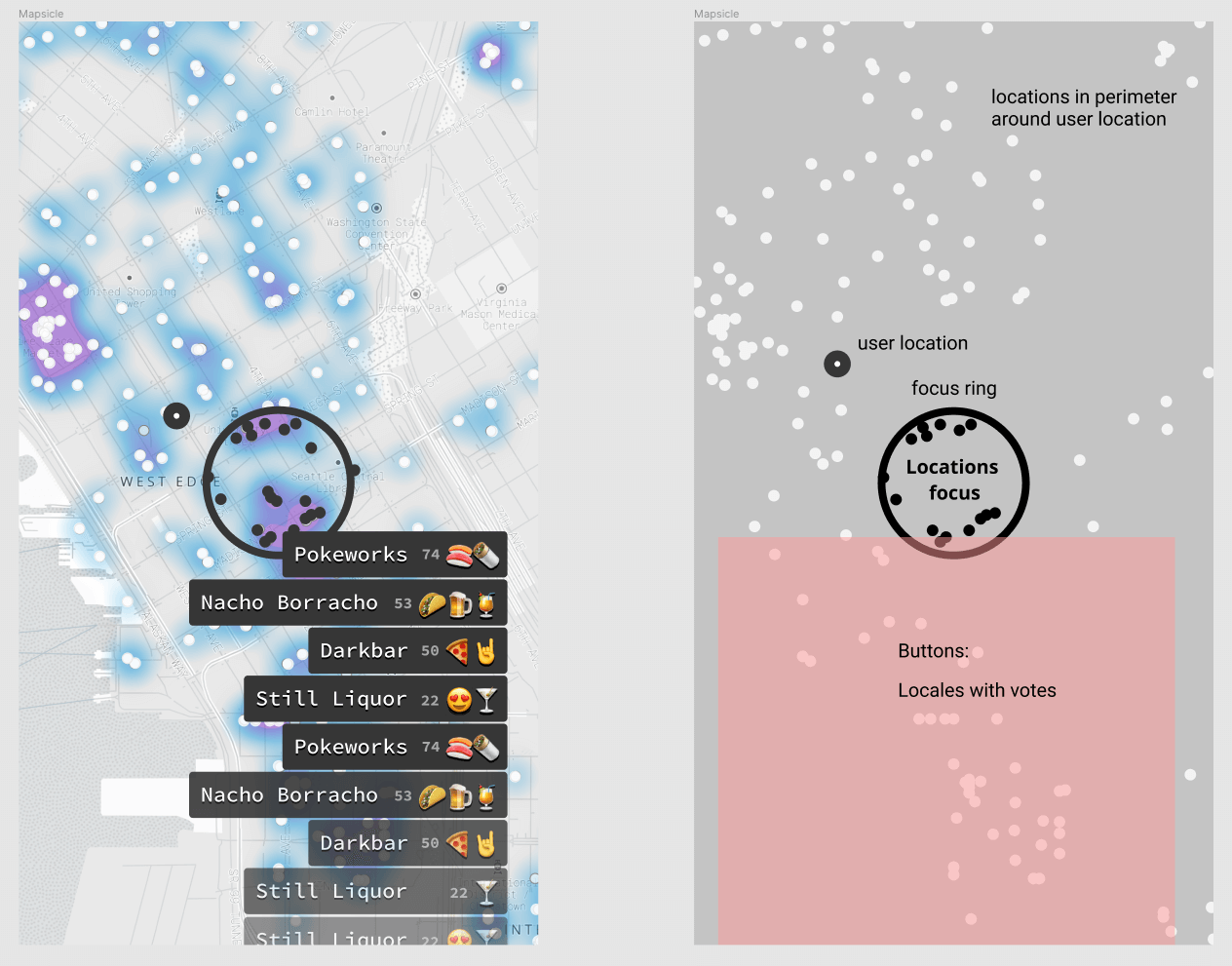 (left) Combo prototype map layer & location tabs with (right) architecture breakdown / built by Mike Shrieve & drawn by Jonny McConnell