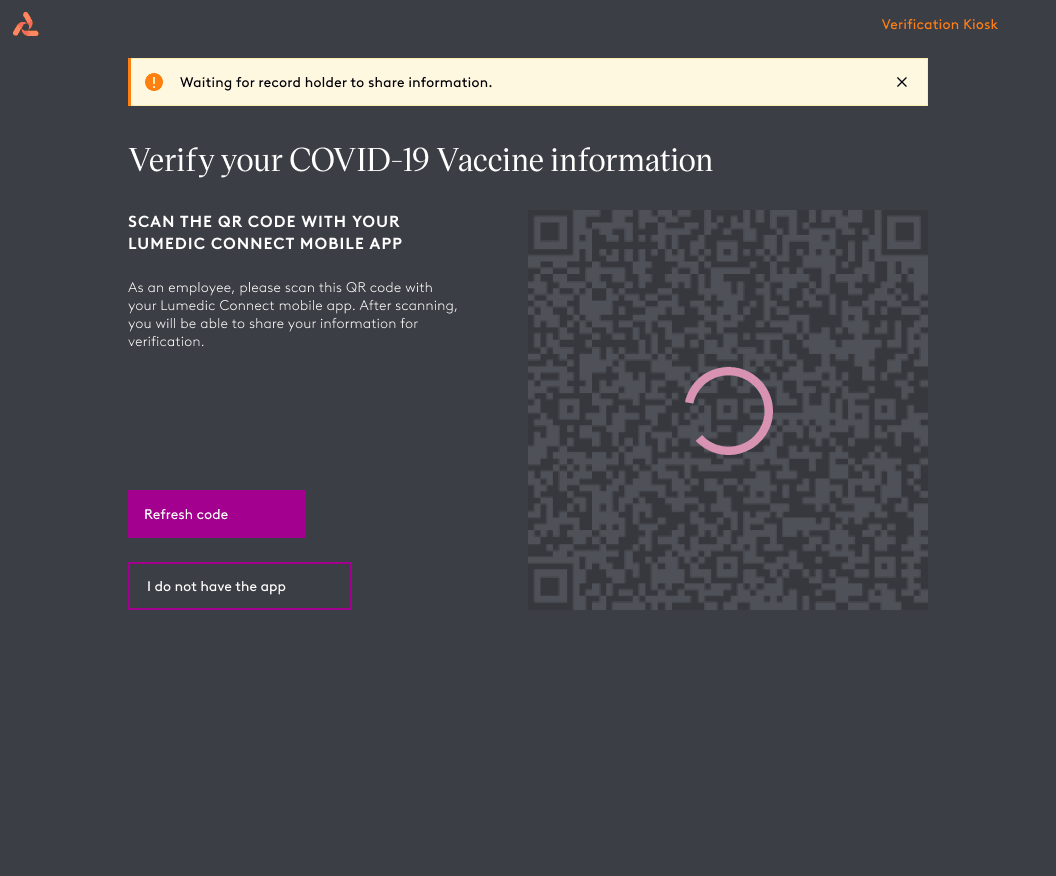 Verifier kiosk — active state with "Waiting for record holder to share information" banner while QR code is being scanned.