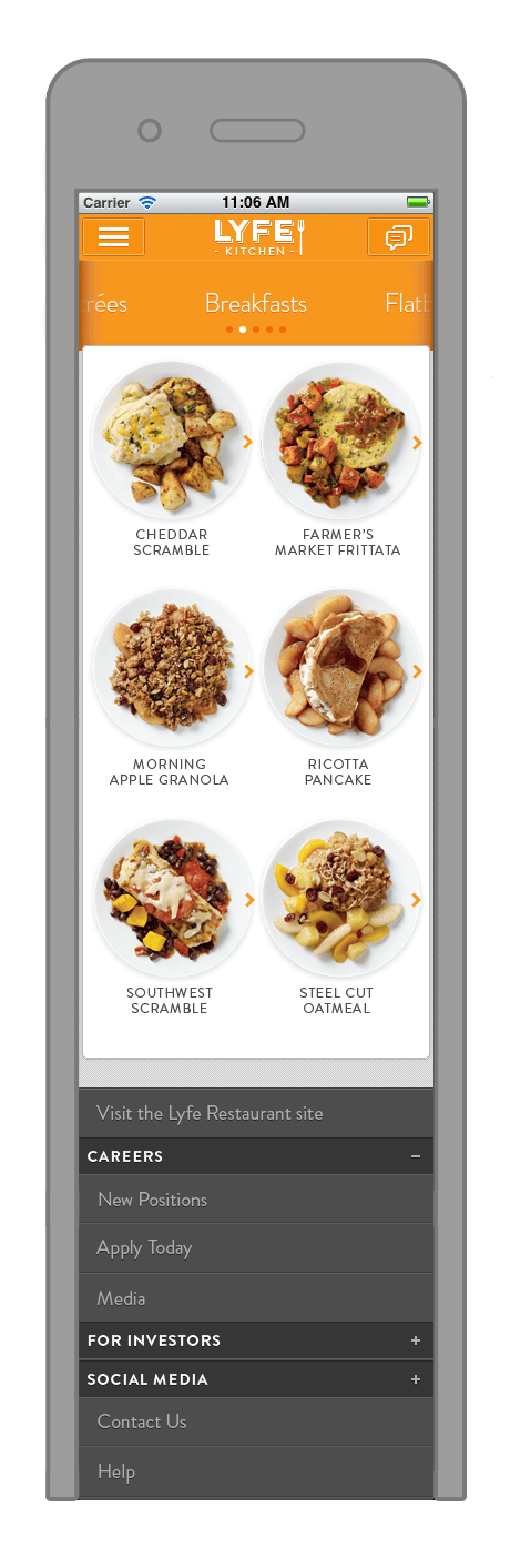 LYFE Kitchen mobile app — Breakfasts menu grid with circular food photography
