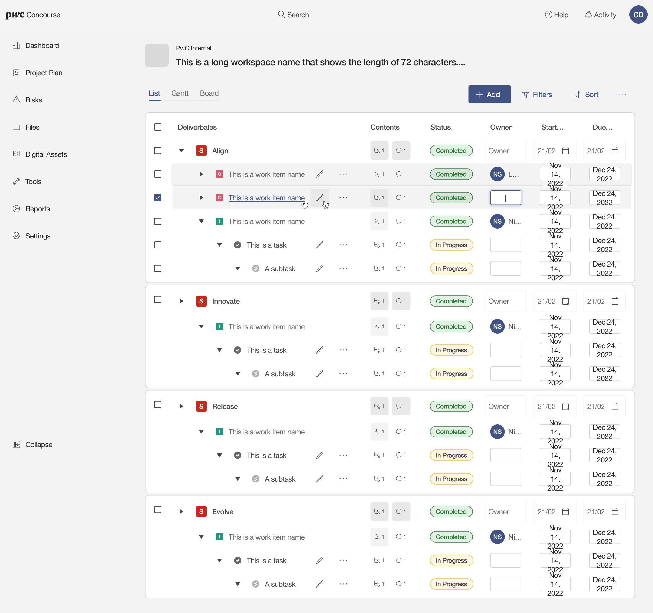 Deliverables — List, Gantt, and Board views at 1440px