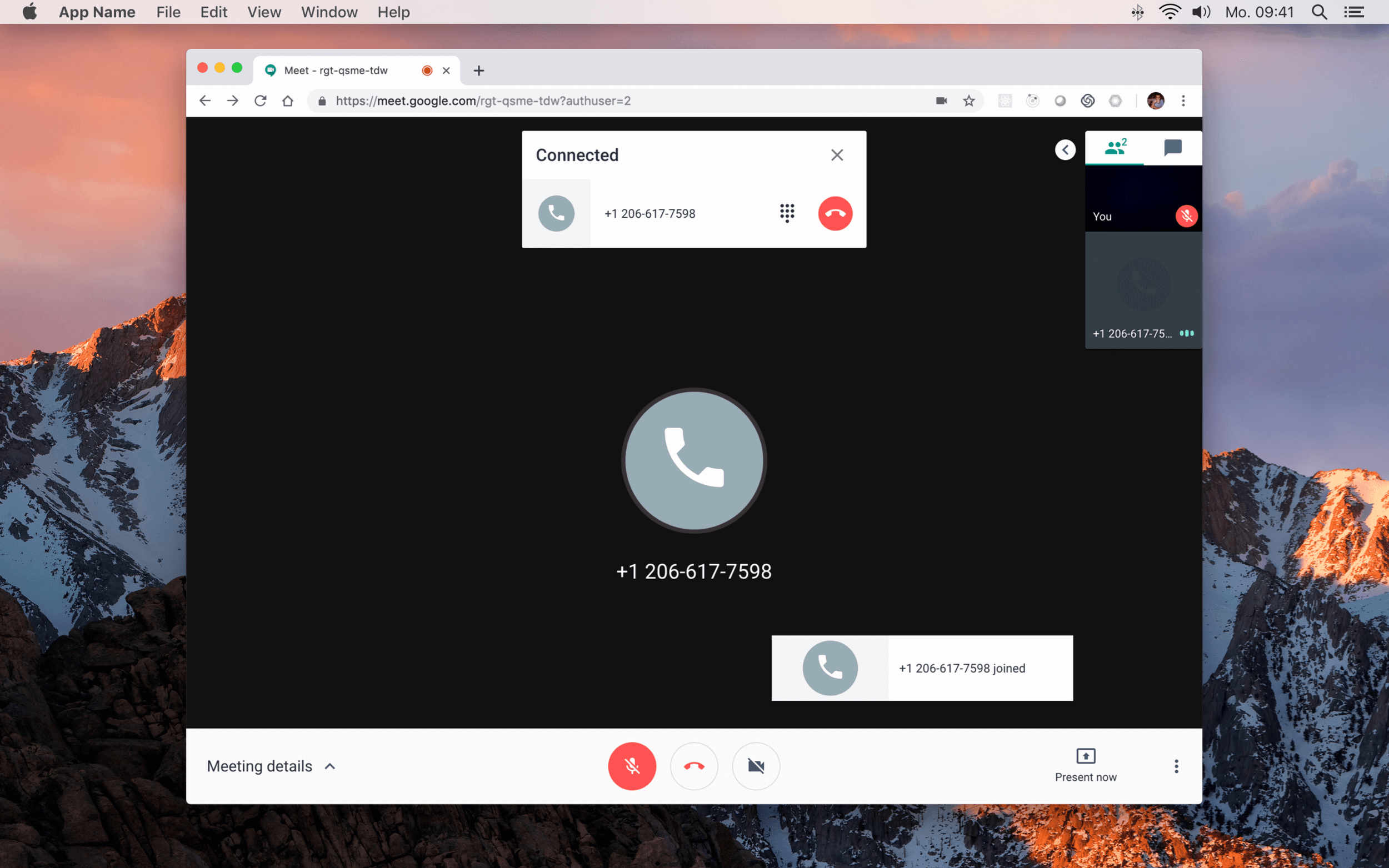 Connected — the phone participant joins the participant rail as a peer. Both sides of the connection are now visible to each other.