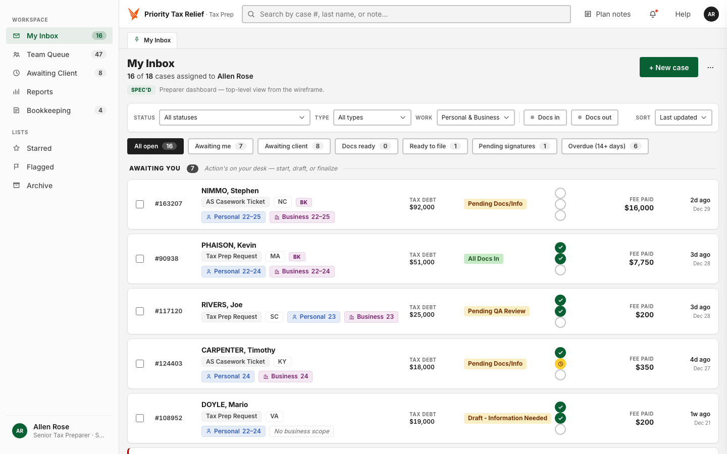 Product CRM, My Inbox view showing active cases sorted by status and priority.