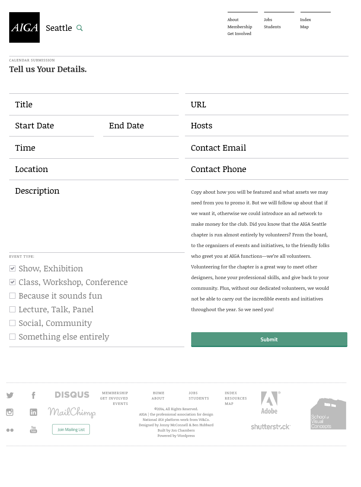 Community event submission form with event-type categorization
