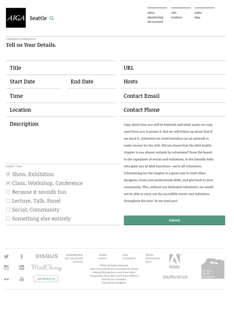 Community event submission form with event-type categorization