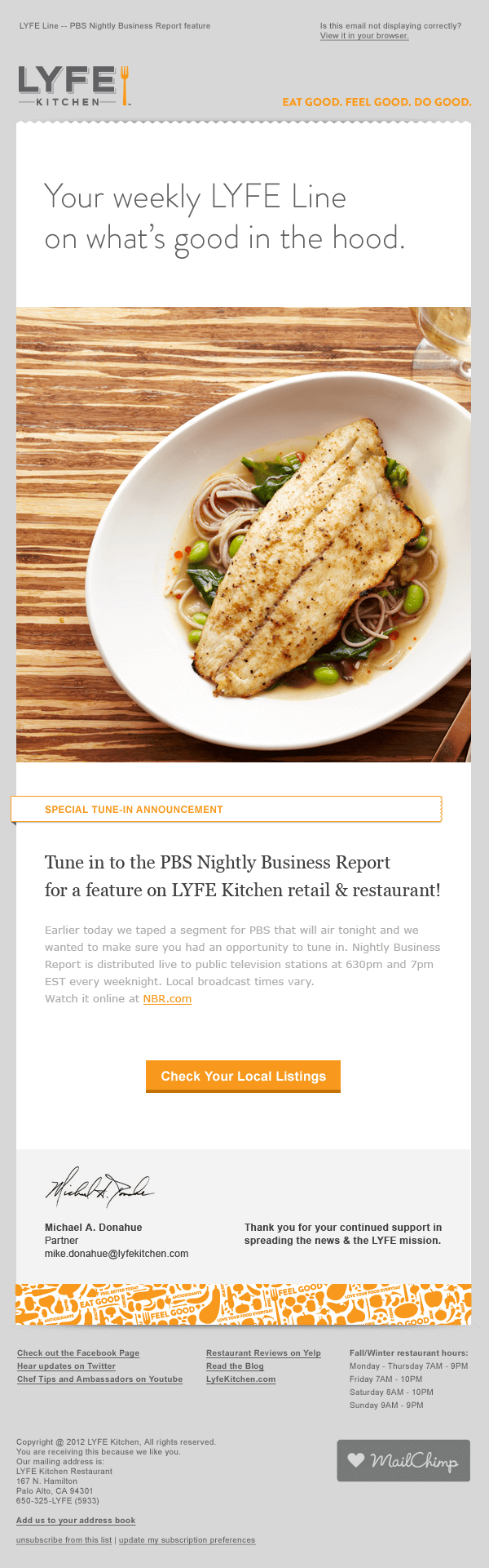 MailChimp email — PBS Nightly Business Report feature with food photography hero