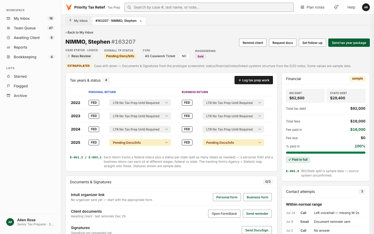 Product CRM, Case Detail view showing full timeline, documents, and communication history.